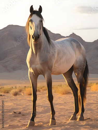 Portrait of beautiful Arabian horse on a natural sand desert background, running, sunlight, freedom, AI Generated