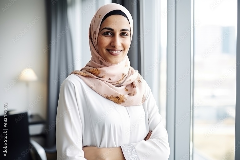 Middle aged arab businesswoman with a hijab smiling in a modern office Middle aged arab businesswoman with a hijab smiling in a modern office