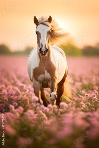 Foto White, mustang horse portrait in pastel wild pink flowers field at sunrise light