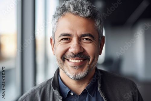 Middle aged businessman of latin ethnicity smiling in a modern office