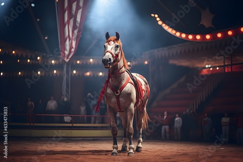 White horse portrait in the circus, performing, festive clothing, at night light, bright yellow, red colors, illumination, AI Generated