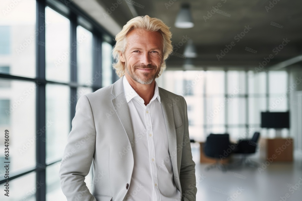 Middle aged scandinavian businessman smiling in the office Middle aged scandinavian businessman smiling in the office