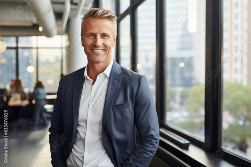 Middle aged scandinavian businessman smiling in the office