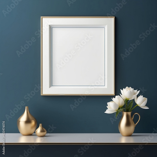 Blank square frame mockup on a blue wall and interior decoration with ornamental plant. Created with generative AI