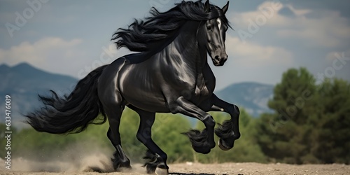 Friesian horse runs gallop on a spring green, autumn field, AI Generated