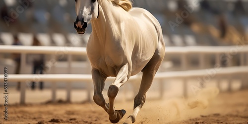 Arabian horse runs gallop on stadium, running, competition, spring, autumn field, crowd at the background, AI Generated