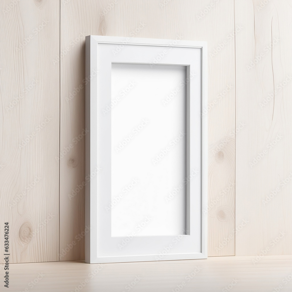 Blank vertical frame mockup on wood texture. Created with generative AI Blank vertical frame mockup on wood texture. Created with generative AI