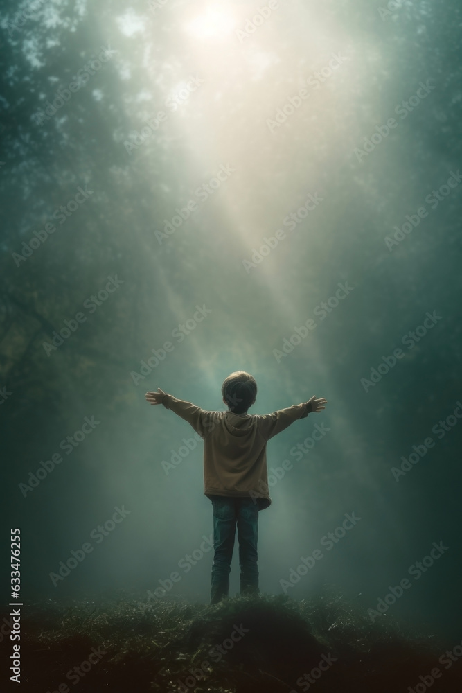 a cute young boy praising the lord. arms raised to the sky.