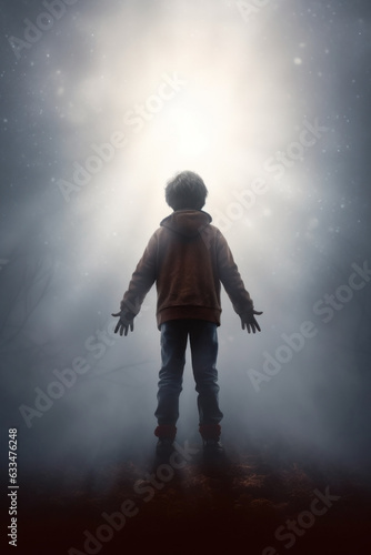 young boy praying to god. god's light shining on a child.  © ana