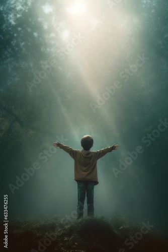 a cute young boy praising the lord. arms raised to the sky.