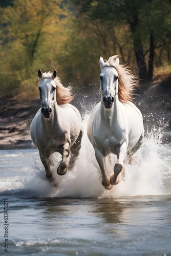 Two white horses running gallop through the river, on a spring, autumn field, AI Generated