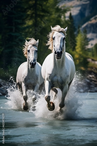 Two white horses running gallop through the river  on a spring  autumn field  AI Generated