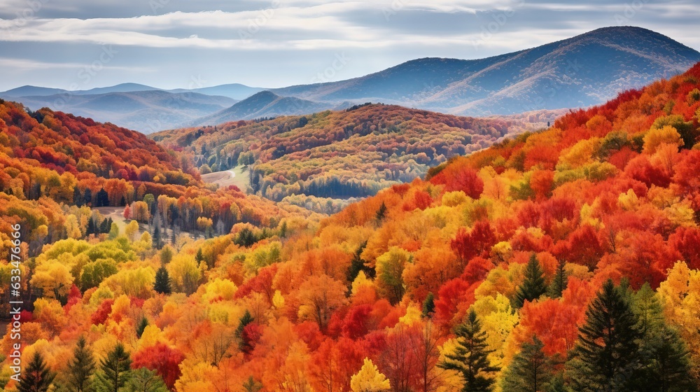  a scenic view of a mountain range with colorful trees in the foreground.  generative ai