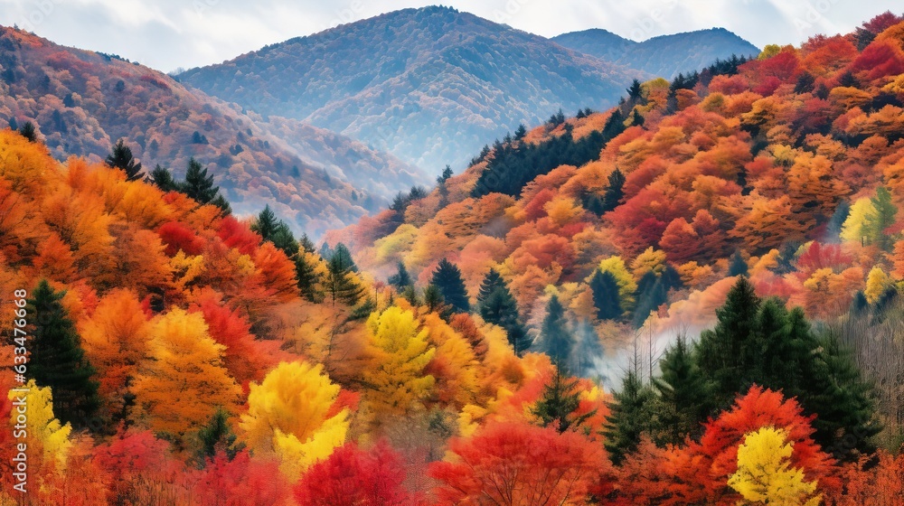  a mountain range covered in lots of trees with colorful foliage.  generative ai