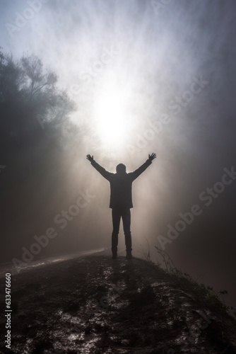 man on a hill praying to god. praising and thanking. arms raised. god's light shining. 