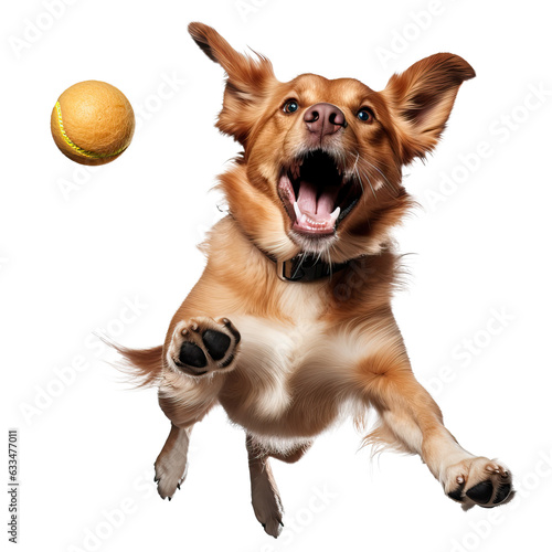Energetic dog jumping & catching a ball in the air, isolated on transparent background