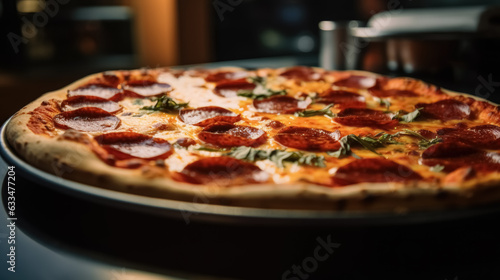 Pepperoni italian pizza with tomatoes, mozzarella cheese, salami, pepper, fresh basil and spices. 