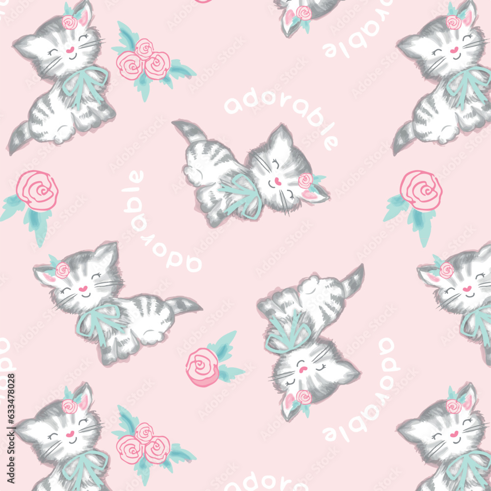 Fototapeta premium Cute kitten print design pattern for seamless bedding, clothes or rooms for baby girls.