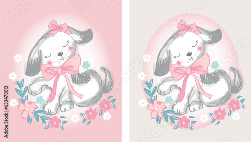 Print design pattern for cute puppy bedding, clothes or rooms for baby girls.