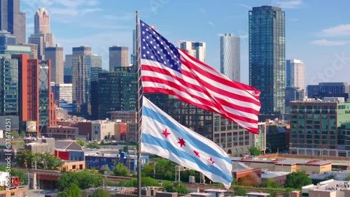 Aerial shot of American Flag in Chicago downtown above the highway.