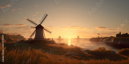 windmills at sunset behind water 