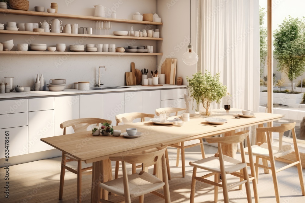 Sustainable Scandinavian kitchen with white details, plants, and wooden table.