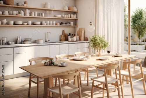 Sustainable Scandinavian kitchen with white details  plants  and wooden table.