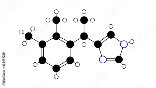 dexmedetomidine molecule, structural chemical formula, ball-and-stick model, isolated image anxiolytics