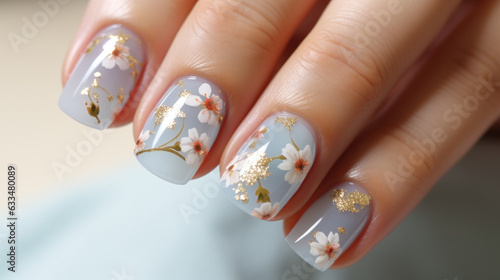 Beautiful female hands with manicure close-up  modern stylish nail design with sakura  generative ai