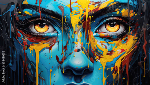 Beautiful close up of a person with the face covered in colorful paint