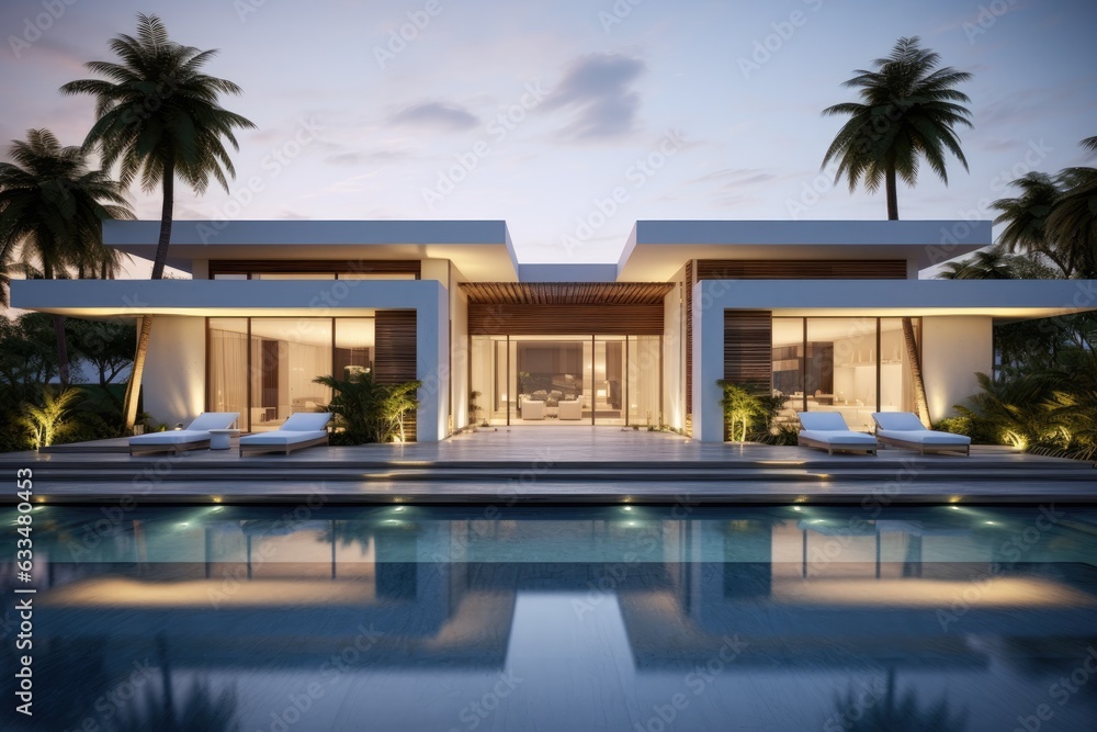 Fototapeta premium A contemporary, sleek luxury villa features a minimalist aesthetic in its exterior design.