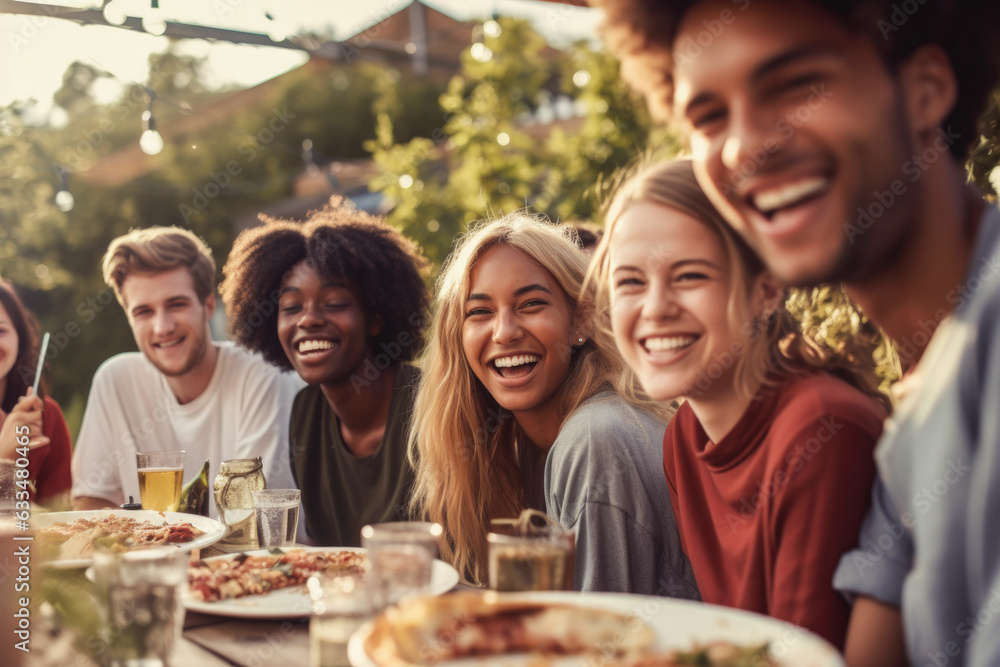 Happy young people relaxing together outdoor - Generative AI