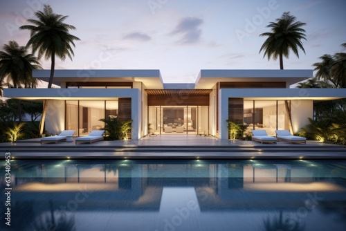 A contemporary, sleek luxury villa features a minimalist aesthetic in its exterior design. © 2rogan