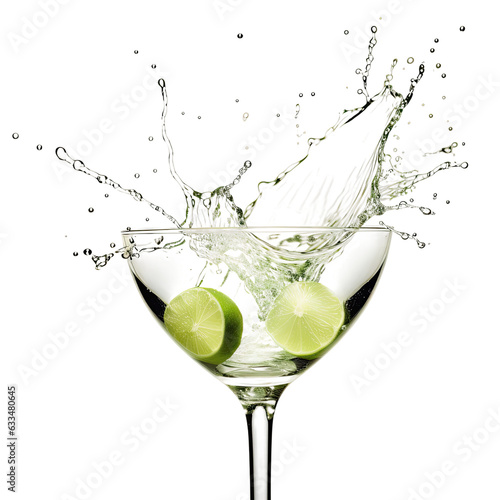 A lime dropped into water captured with a fast shutter speed and transparent background creates an olive like image in a martini glass