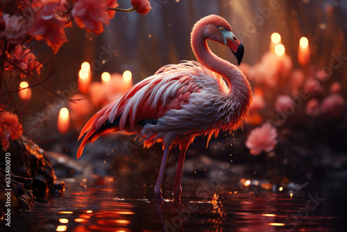 Surreal pink flamingo in a night blooming garden with flowers