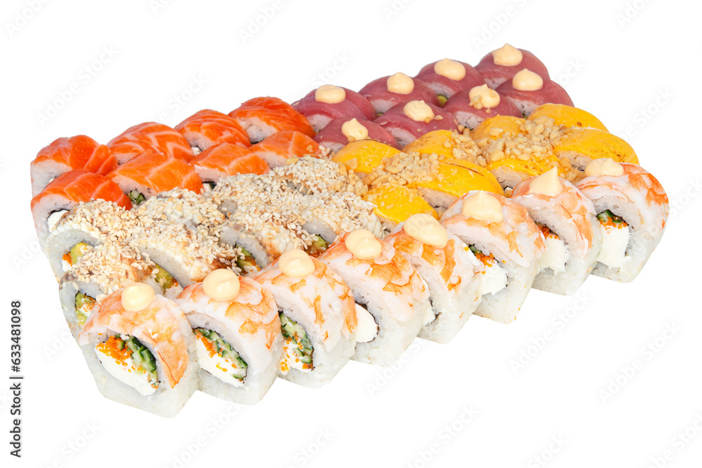 Delicious food from Japan is very popular and desirable nowadays. Nice sushi set with eel, cucumber and caviar. Isolated. Delicious food from Japan is very popular and desirable nowadays. Nice sushi set with eel, cucumber and caviar. Isolated.