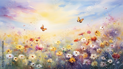  a painting of a field of flowers with a butterfly flying over it. generative ai