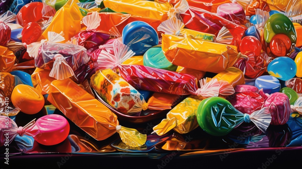  a large pile of colorful candies on a black background.  generative ai