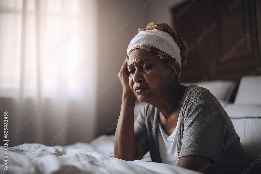 Senior woman having a headache and feeling sick in the bedroom at home Senior woman having a headache and feeling sick in the bedroom at home