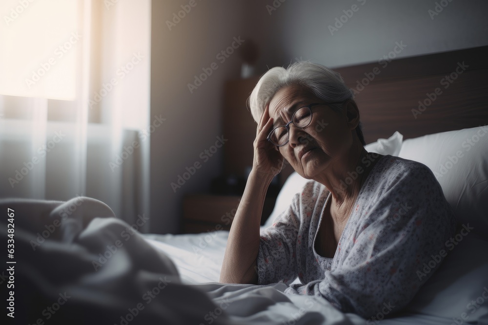 Senior woman having a headache and feeling sick in the bedroom at home Senior woman having a headache and feeling sick in the bedroom at home