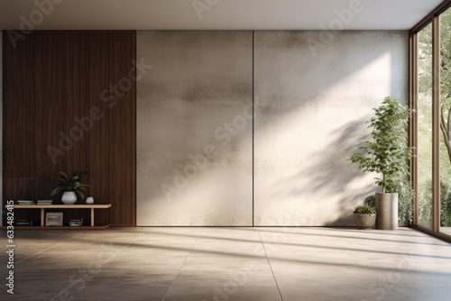 A rendered depiction of an empty modern loft room with a door leading to a garden is showcased. The room exhibits contemporary design elements  characterized by concrete tile flooring and a wooden