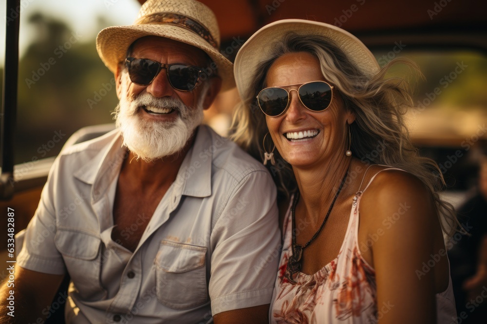 Happy laughing middle aged couple bonding and relaxing while on vacation. stylish middle aged couple