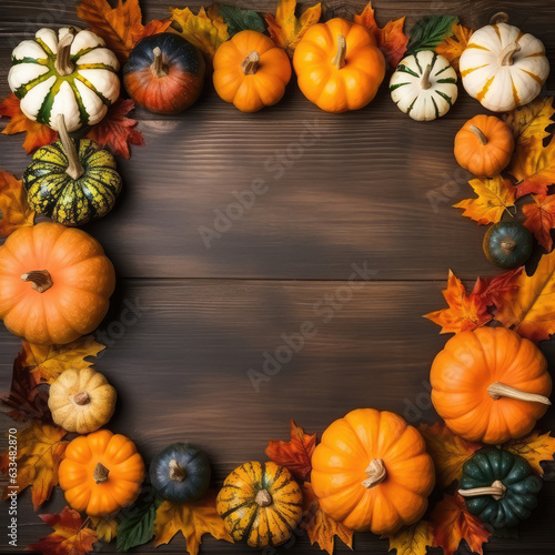 Halloween background.pumpkins and fallen leaves on wooden background. Scary halloween pumpkin
