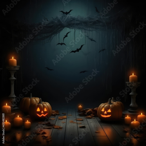 Halloween background.pumpkins and fallen leaves on wooden background. Scary halloween pumpkin