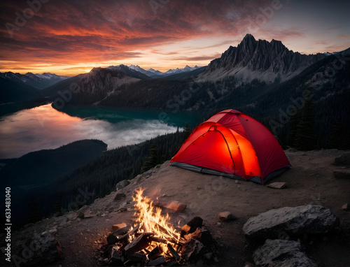 Beautiful sunset landscape scenery with red tent and camp fire on mountain summit, lifestyle background 