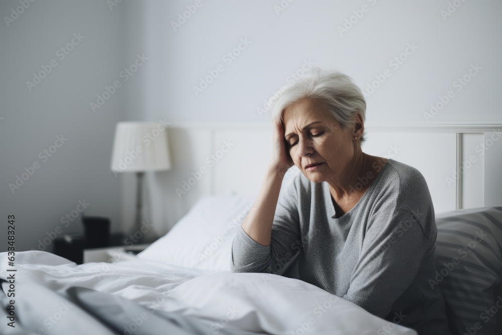 Senior woman having a headache and feeling sick in the bedroom at home Senior woman having a headache and feeling sick in the bedroom at home