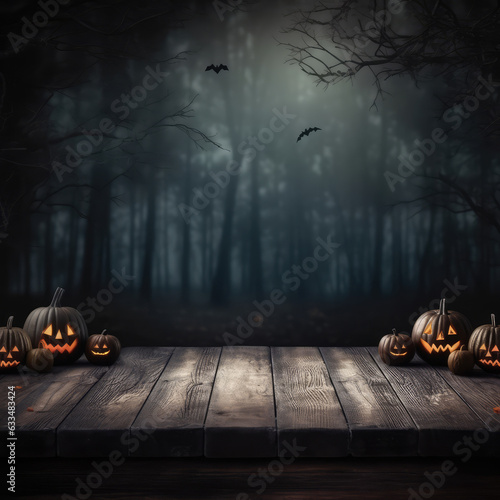 Halloween background.pumpkins and fallen leaves on wooden background. Scary halloween pumpkin