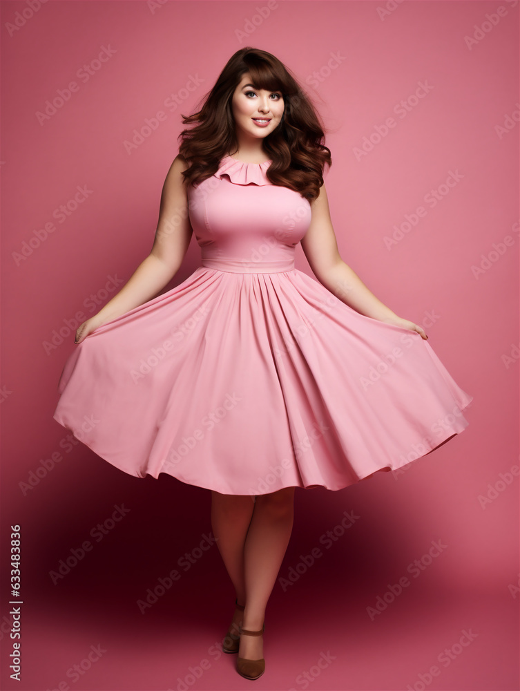 Beautiful overweight caucasian woman with brown hair on pink background, ai generated Beautiful overweight caucasian woman with brown hair on pink background, ai generated