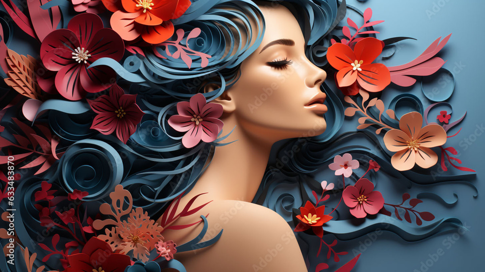 Whimsical Femme 3D Paper Cut Artistry Woman's Face Colorful Floral Ornaments Graceful Leaves Interwoven Hair Expression of Femininity Crafted Charm Vibrant Playful Hues