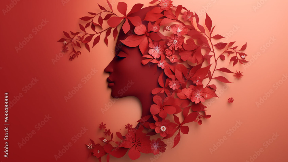 Crimson Elegance 3D Paper Cut Artistry Woman Silhouette Rich Red Toned Floral Ornaments Delicate Leaves Intertwined Hair, Harmonious Fusion Crafted Opulence